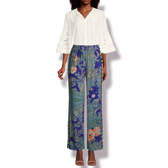Kobi Halperin Arlene Floral Paisley Blue Green Designer Wide Leg Artsy Pants, XL - Picture 8 of 8